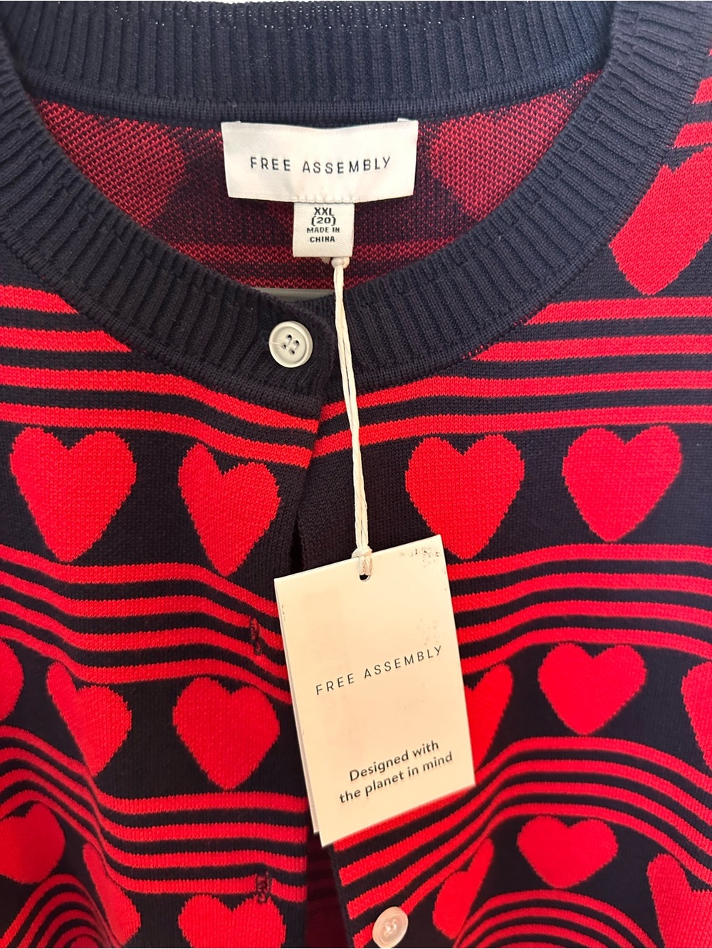 Free Assembly Red & Navy Blue Heart-Pattern Cardigan Sweater - Picture 2 of 3